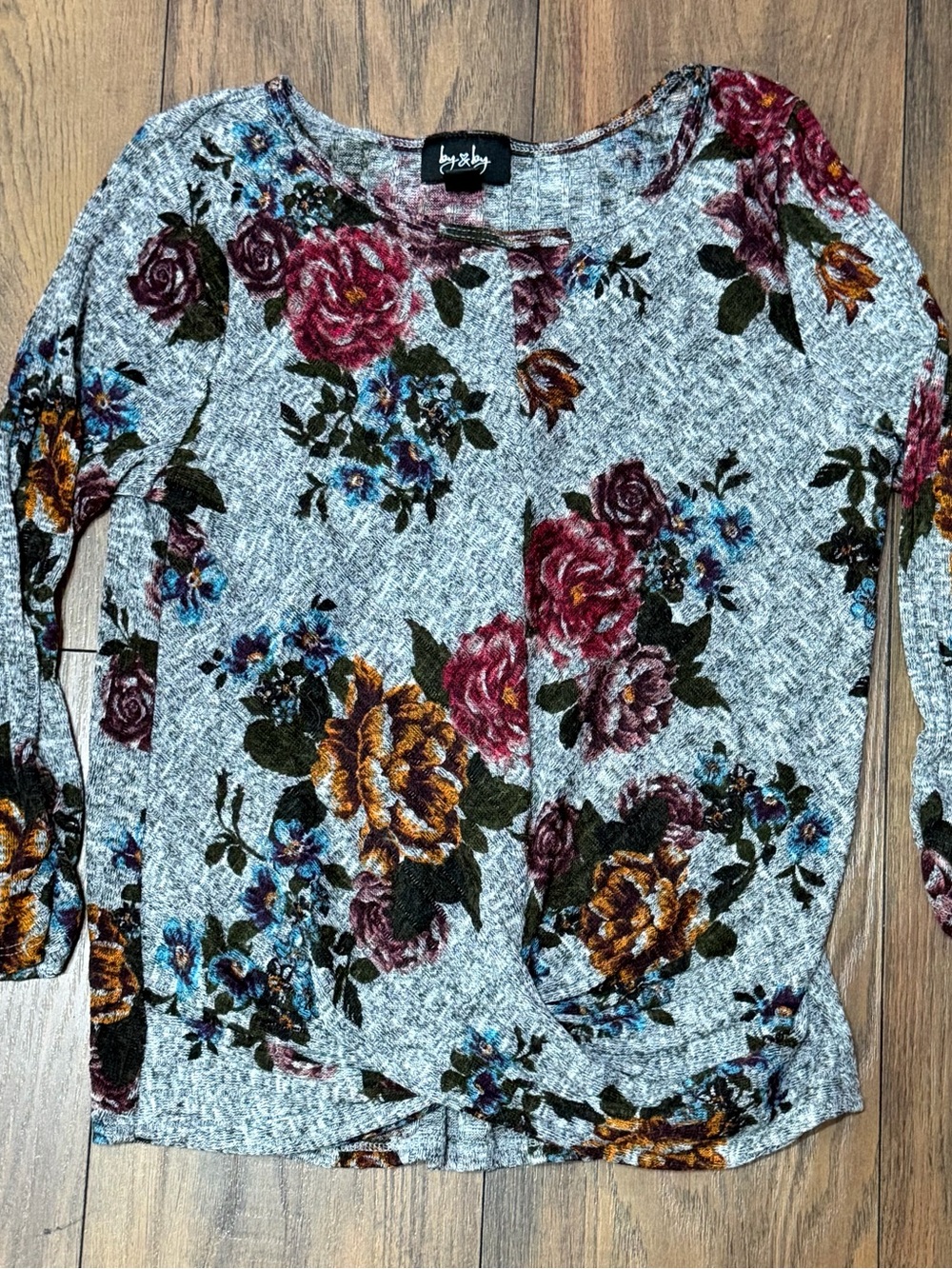 by & by Gray Floral Crewneck Sweater with Rose, Mustard & Blue Accents